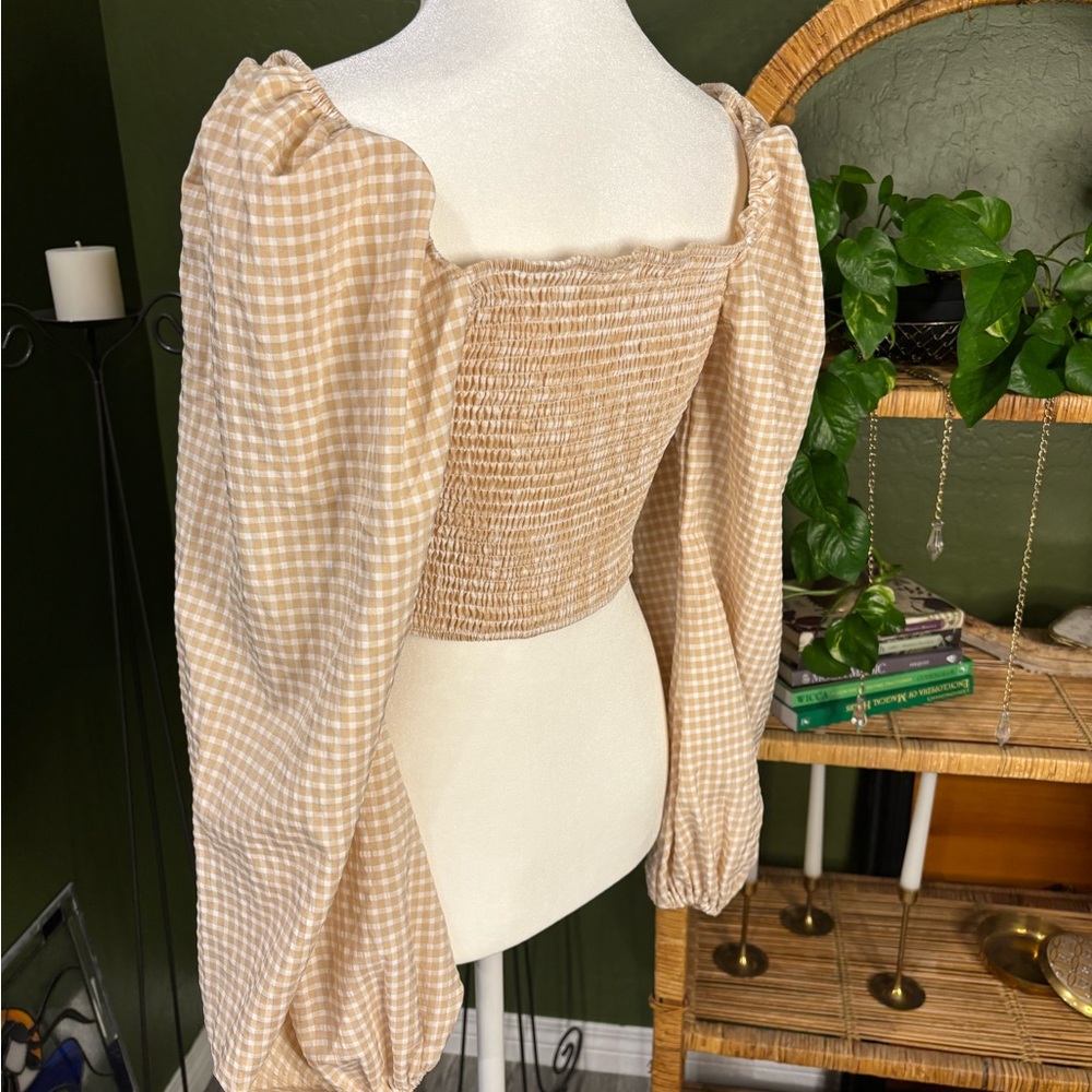 Peachy Frilly Tie Front Puff Sleeve Picnic Gingham Plaid Crop Babydoll Top - Picture 2 of 4